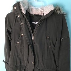 DKNY coat with faux fur hood